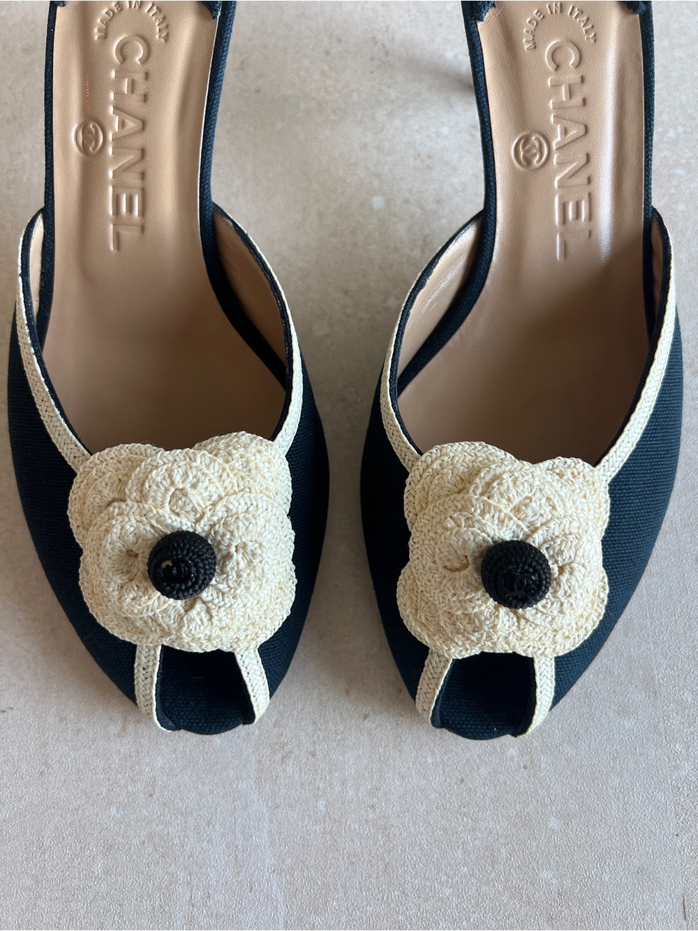 CHANEL Navy and Cream Camellia Kitten Heel Mules - Picture 4 of 9